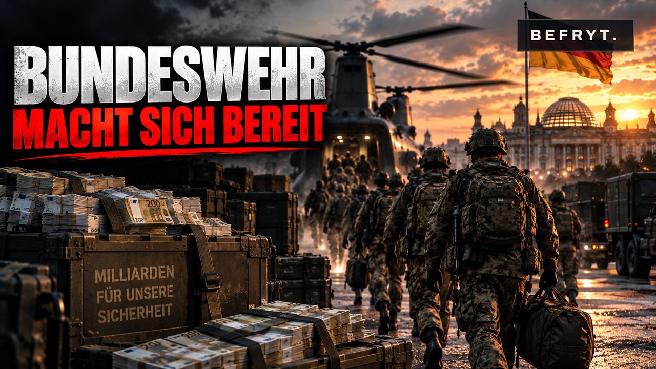 KI-generiertes Titelbild: Soldaten mit Gepäck marschieren zu einem Hubschrauber, im Vordergrund Kisten voller Geldscheine, im Hintergrund der Reichstag. Darauf steht: Bundeswehr macht sich bereit.