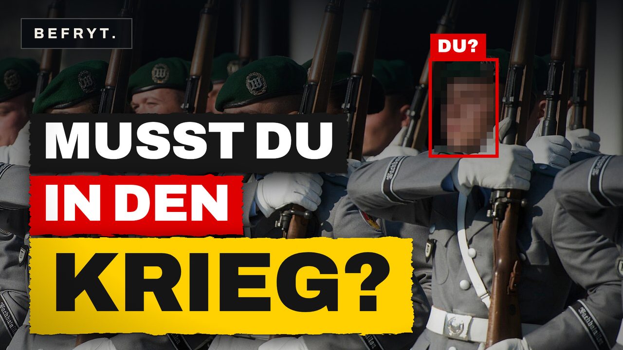 Titelbild: Soldaten des Wachbataillons mit geschultertem Gewehr, ein Gesicht ist verpixelt und mit „DU?“ markiert. Darauf steht: Musst du in den Krieg?