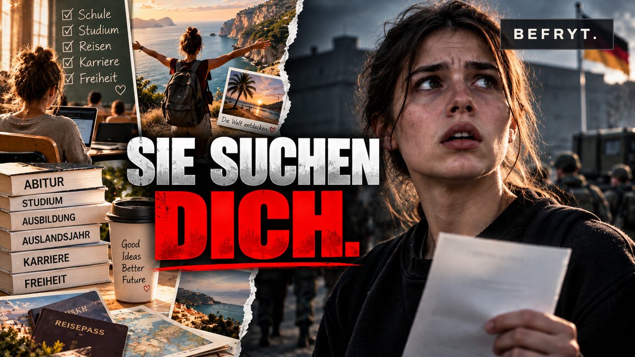 KI-generiertes Titelbild: Eine junge Frau hält einen Brief, hinter ihr Soldaten und Militärfahrzeuge, links Bilder von Schule, Studium und Reisen. Darauf steht: Sie suchen dich.
